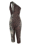 Leopard Print Sexy Print Leopard Hollowed Out Patchwork Oblique Collar Regular Rompers