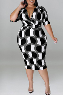 Black Gray Casual Print Patchwork V Neck One Step Skirt Plus Size Dresses