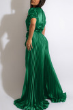 Green Sexy Solid Patchwork Fold V Neck Straight Jumpsuits