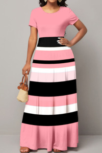 Pink Casual Elegant Striped Print Patchwork O Neck A Line Dresses