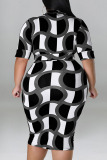 Black Gray Casual Print Patchwork V Neck One Step Skirt Plus Size Dresses