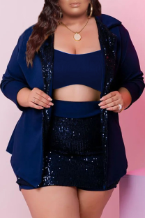Blue Sexy Solid Sequins Turndown Collar Plus Size Three Pieces