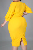 Yellow Casual Solid Bandage Patchwork V Neck One Step Skirt Plus Size Dresses