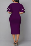 Purple Fashion Casual Print Patchwork V Neck One Step Skirt Dresses
