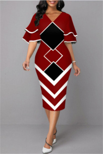 Burgundy Fashion Casual Print Patchwork V Neck One Step Skirt Dresses
