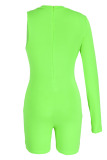 Fluorescent Pink Sexy Sportswear Solid Patchwork Asymmetrical O Neck Skinny Rompers
