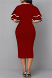 Burgundy Fashion Casual Print Patchwork V Neck One Step Skirt Dresses