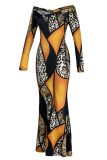 Orange Yellow Fashion Casual Print Patchwork V Neck Long Sleeve Dresses
