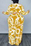 Yellow Casual Print Bandage Patchwork O Neck Plus Size Two Pieces