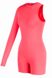 Fluorescent Pink Sexy Sportswear Solid Patchwork Asymmetrical O Neck Skinny Rompers