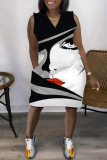 Black White Fashion Casual Print Patchwork V Neck Sleeveless Plus Size Dress