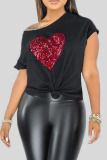 Black Red Casual Print Bronzing Patchwork O Neck T-Shirts