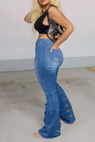 Blue Casual Solid Ripped Patchwork High Waist Denim Jeans