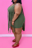 Green Fashion Casual Plus Size Solid Tassel Patchwork O Neck Vest Dress