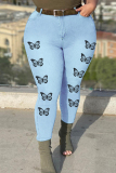 Medium Blue Fashion Casual Butterfly Print Patchwork Plus Size Jeans (Without Belt)