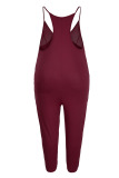 Burgundy Fashion Sexy Solid Backless V Neck Plus Size Jumpsuits