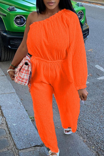 Tangerine Red Casual Solid Patchwork Oblique Collar Straight Jumpsuits