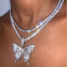 Silver Butterfly Double-layer Rhinestone Pendant Necklace