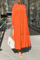 Orange Casual Solid Patchwork Fold O Neck Straight Dresses