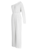 White Casual Solid Patchwork Oblique Collar Straight Jumpsuits