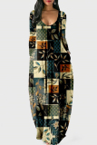 Cyan Fashion Casual Print Patchwork V Neck Long Sleeve Dresses
