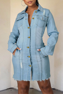 Light Color Fashion Casual Solid Ripped Patchwork Turndown Collar Long Sleeve Regular Denim Jacket