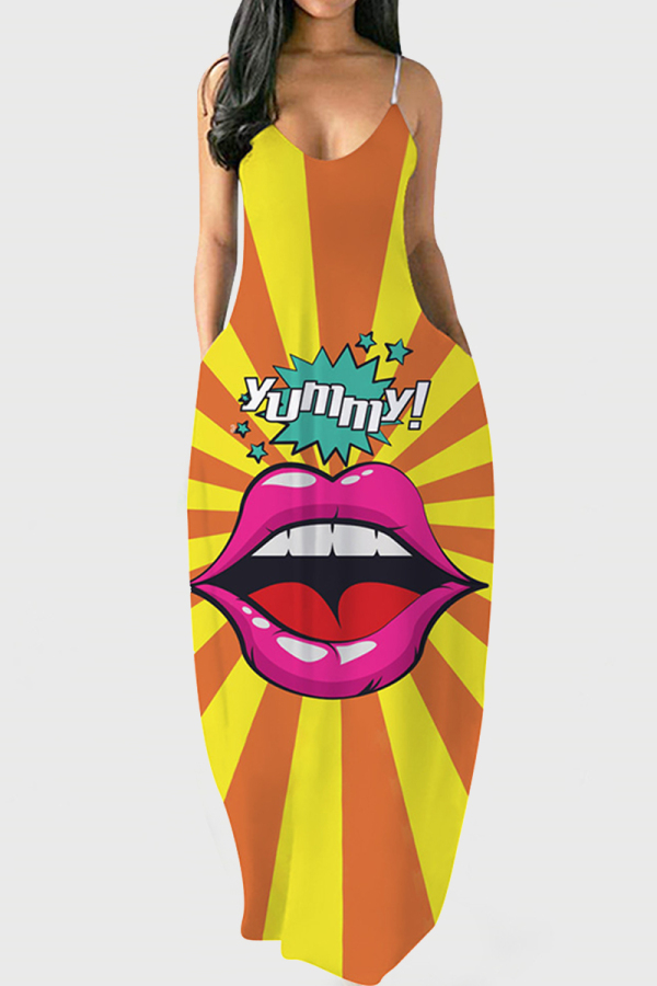 Orange Yellow Fashion Sexy Print Backless V Neck Sling Dress