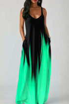 Green Casual Print Patchwork Spaghetti Strap Sling Dress Dresses