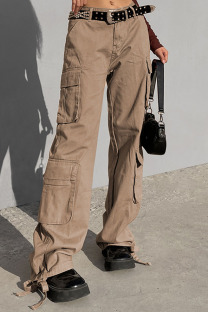 Khaki Street Solid Patchwork Pocket High Waist Straight Solid Color Bottoms