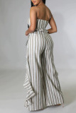 Grey Sexy Striped Print Patchwork Flounce Strapless Sleeveless Two Pieces