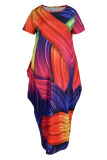 Multicolor Fashion Casual Print Patchwork O Neck Short Sleeve Dress Plus Size Dresses