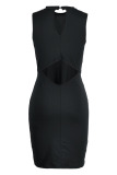 Black Fashion Casual Solid Hollowed Out Patchwork O Neck Sleeveless Dress