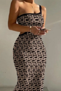 Khaki Fashion Sexy Print Backless One Shoulder Sleeveless Dress