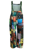 Green Fashion Casual Street Print Patchwork Spaghetti Strap Loose Jumpsuits