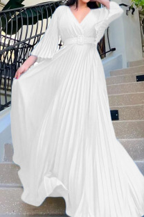White Casual Solid Patchwork Fold With Belt V Neck Evening Dress Dresses