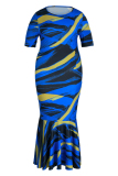 Blue Fashion Casual Print Patchwork O Neck Short Sleeve Dress Plus Size Dresses