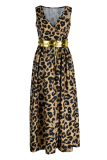 Leopard Print Fashion Casual Print Patchwork Slit V Neck Sleeveless Dress