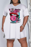 White Pink Fashion Casual Print Patchwork Slit V Neck Plus Size Two Pieces