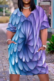 Blue Purple Fashion Casual Print Patchwork V Neck Short Sleeve Dress