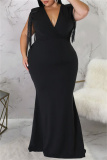 Black Fashion Casual Plus Size Solid Tassel Patchwork V Neck Long Dress