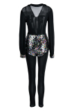 Black Fashion Sexy Patchwork Sequins See-through V Neck Skinny Jumpsuits