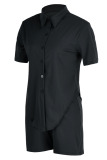 Black Casual Solid Patchwork Buckle Turndown Collar Short Sleeve Two Pieces