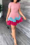 Pink Fashion Casual Print Patchwork O Neck Short Sleeve Dress