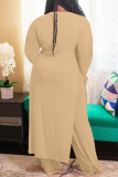 Apricot Casual Solid Slit O Neck Plus Size Two Pieces