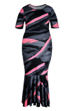 Black Fashion Casual Print Patchwork O Neck Short Sleeve Dress Plus Size Dresses