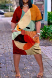 Light Brown Fashion Casual Print Patchwork V Neck Short Sleeve Dress