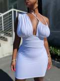 White Fashion Sexy Solid Draw String Halter Wrapped Skirt Dresses