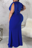 Blue Fashion Casual Plus Size Solid Tassel Patchwork V Neck Long Dress