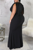 Black Fashion Casual Plus Size Solid Tassel Patchwork V Neck Long Dress