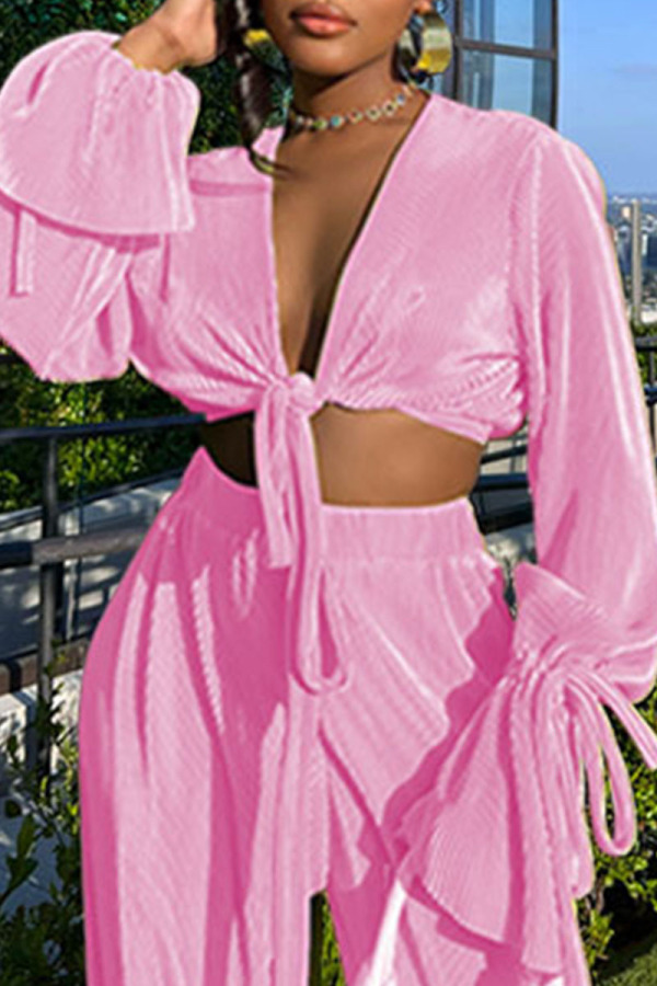 Pink Sexy Solid Bandage Patchwork V Neck Long Sleeve Two Pieces